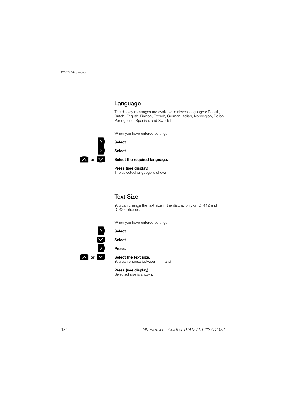 Language, Text size | AASTRA DT4x2 for MD Evolution User Guide EN User Manual | Page 134 / 166