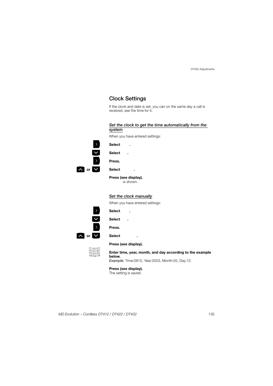 Clock settings, Set the clock manually, Clock | Settings | AASTRA DT4x2 for MD Evolution User Guide EN User Manual | Page 135 / 166