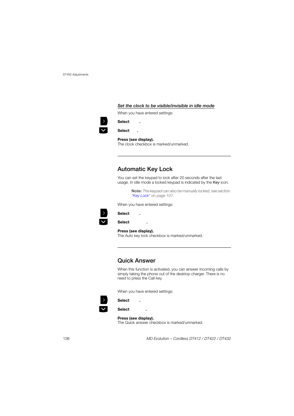 Set the clock to be visible/invisible in idle mode, Automatic key lock, Quick answer | Section, Automatic key, Lock | AASTRA DT4x2 for MD Evolution User Guide EN User Manual | Page 136 / 166