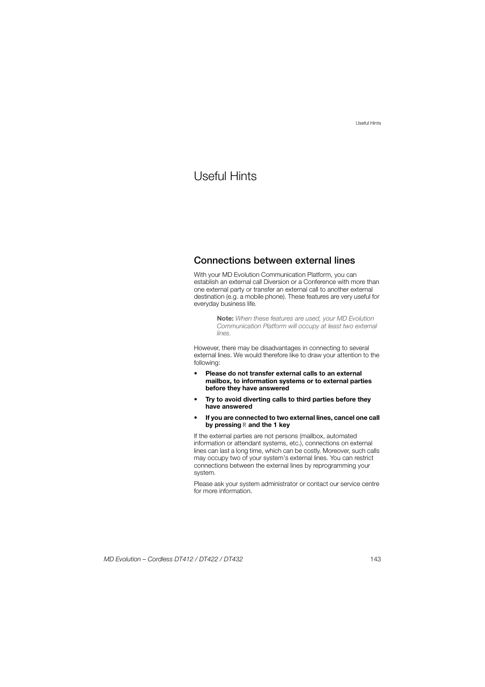 Useful hints, Connections between external lines | AASTRA DT4x2 for MD Evolution User Guide EN User Manual | Page 143 / 166