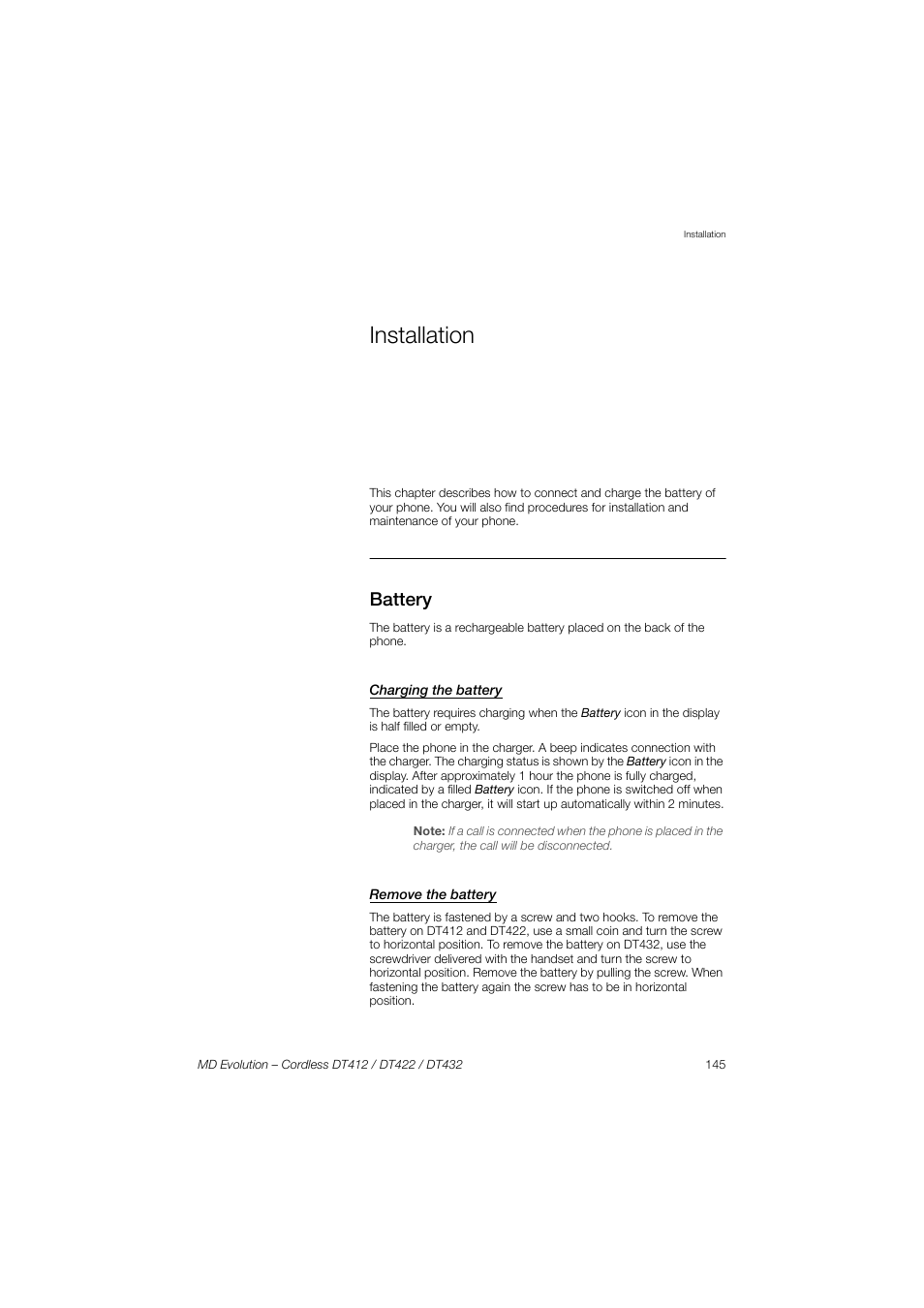 Installation, Battery, Charging the battery | Remove the battery | AASTRA DT4x2 for MD Evolution User Guide EN User Manual | Page 145 / 166