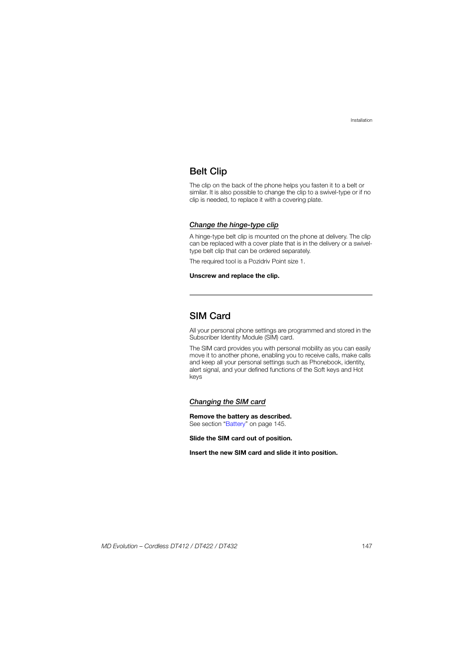 Belt clip, Change the hinge-type clip, Sim card | Changing the sim card | AASTRA DT4x2 for MD Evolution User Guide EN User Manual | Page 147 / 166