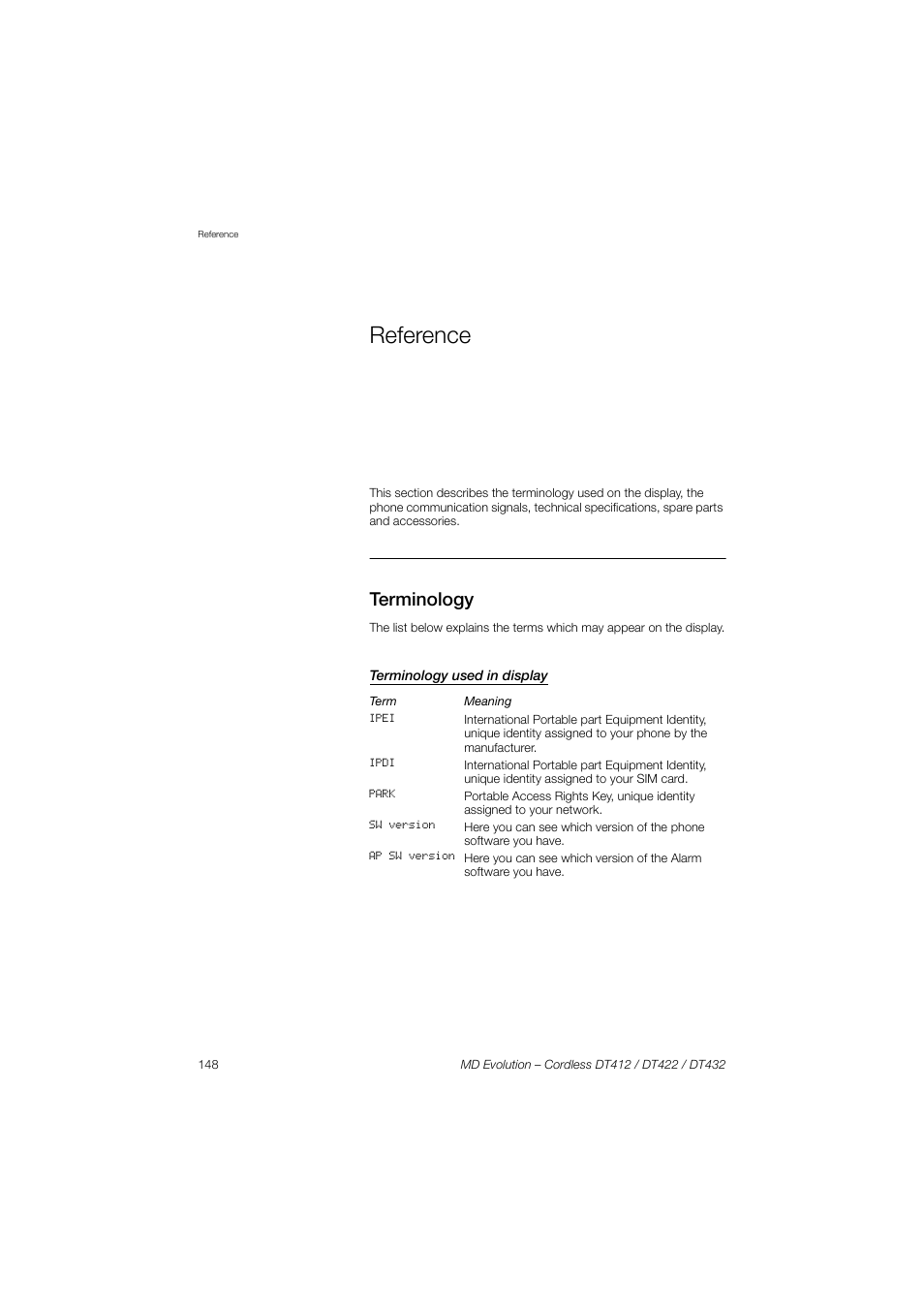Reference, Terminology, Terminology used in display | AASTRA DT4x2 for MD Evolution User Guide EN User Manual | Page 148 / 166