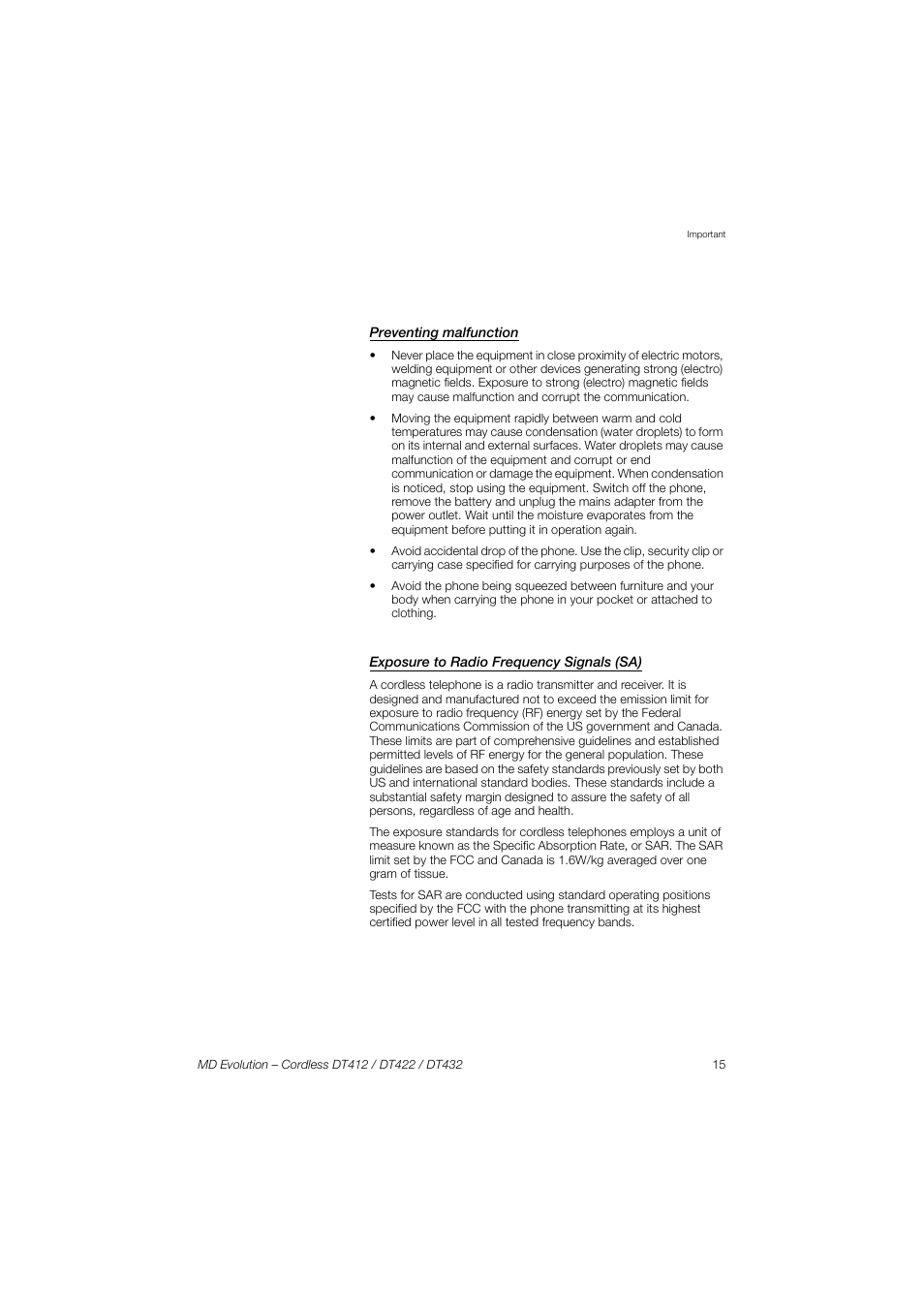 Preventing malfunction, Exposure to radio frequency signals (sa) | AASTRA DT4x2 for MD Evolution User Guide EN User Manual | Page 15 / 166