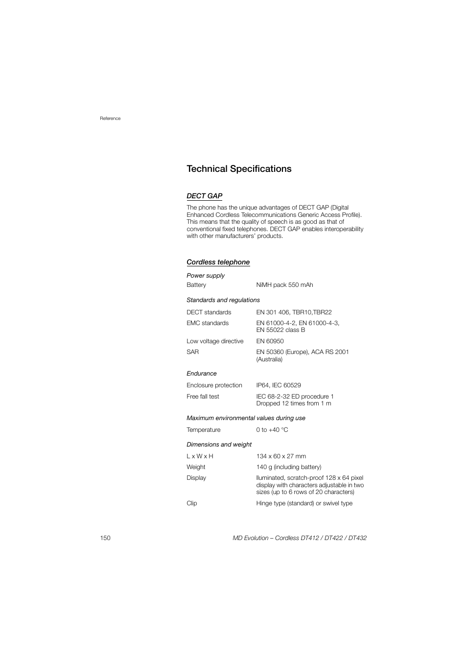 Technical specifications, Dect gap, Cordless telephone | AASTRA DT4x2 for MD Evolution User Guide EN User Manual | Page 150 / 166