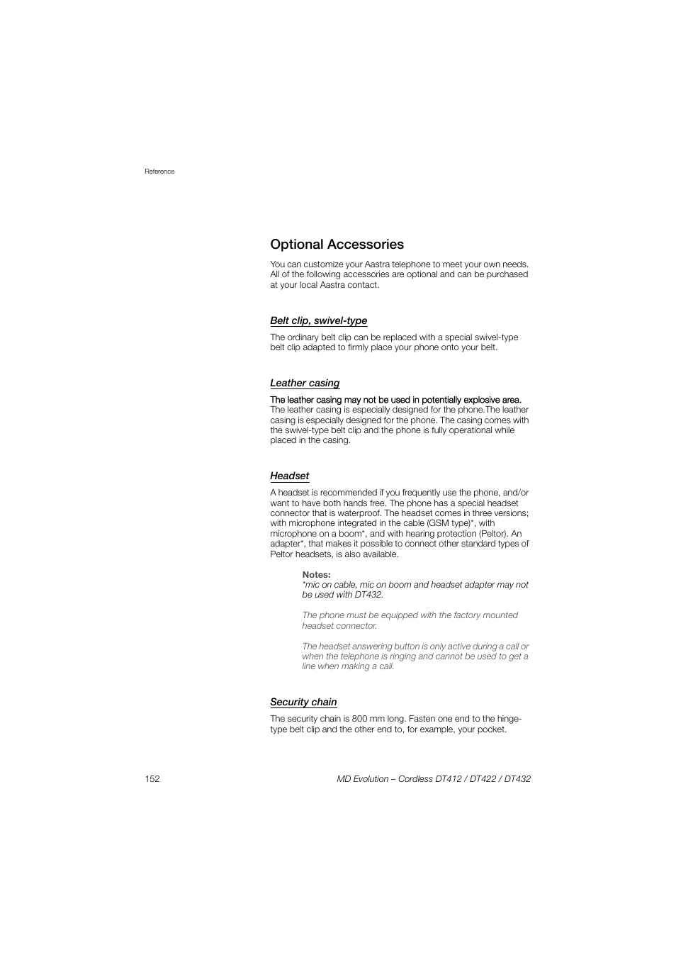 Optional accessories, Belt clip, swivel-type, Leather casing | Headset, Security chain | AASTRA DT4x2 for MD Evolution User Guide EN User Manual | Page 152 / 166