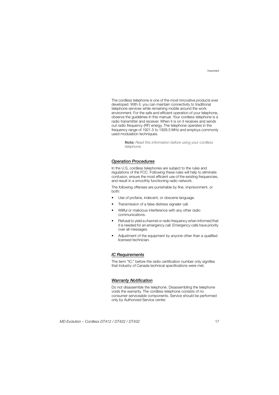 Operation procedures, Ic requirements, Warranty notification | AASTRA DT4x2 for MD Evolution User Guide EN User Manual | Page 17 / 166