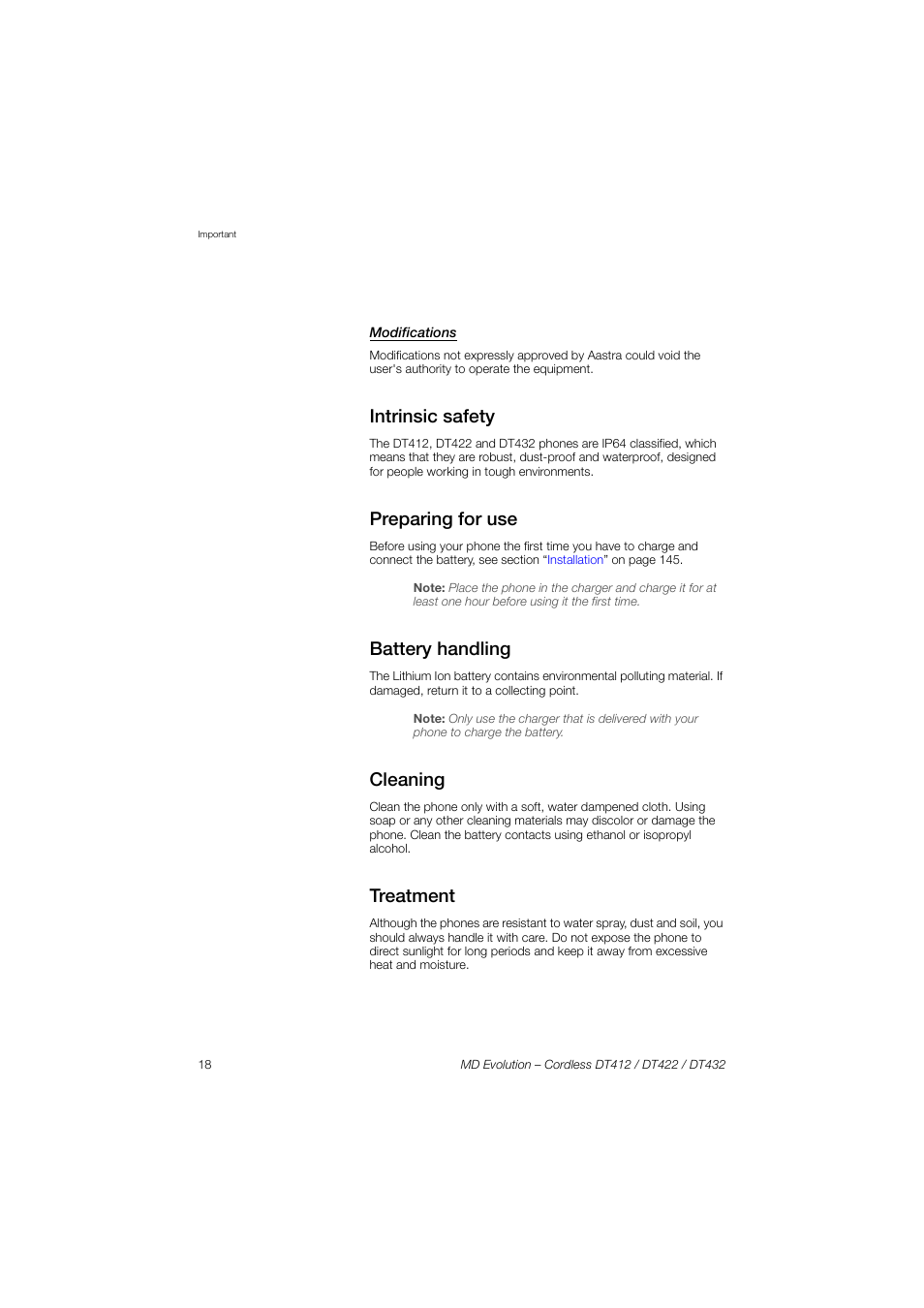 Modifications, Intrinsic safety, Preparing for use | Battery handling, Cleaning, Treatment | AASTRA DT4x2 for MD Evolution User Guide EN User Manual | Page 18 / 166