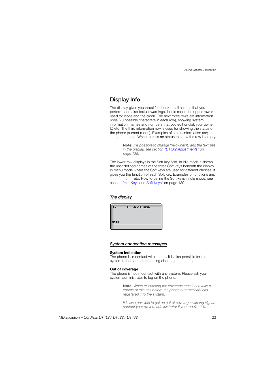 Display info, The display, System connection messages | Ions, Sections | AASTRA DT4x2 for MD Evolution User Guide EN User Manual | Page 23 / 166