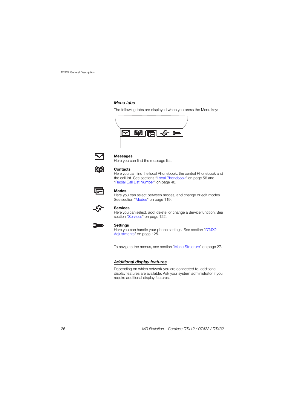 Menu tabs, Additional display features | AASTRA DT4x2 for MD Evolution User Guide EN User Manual | Page 26 / 166