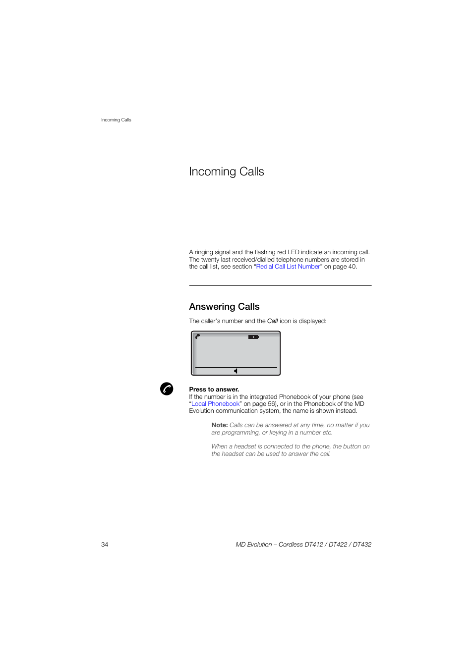 Incoming calls, Answering calls | AASTRA DT4x2 for MD Evolution User Guide EN User Manual | Page 34 / 166