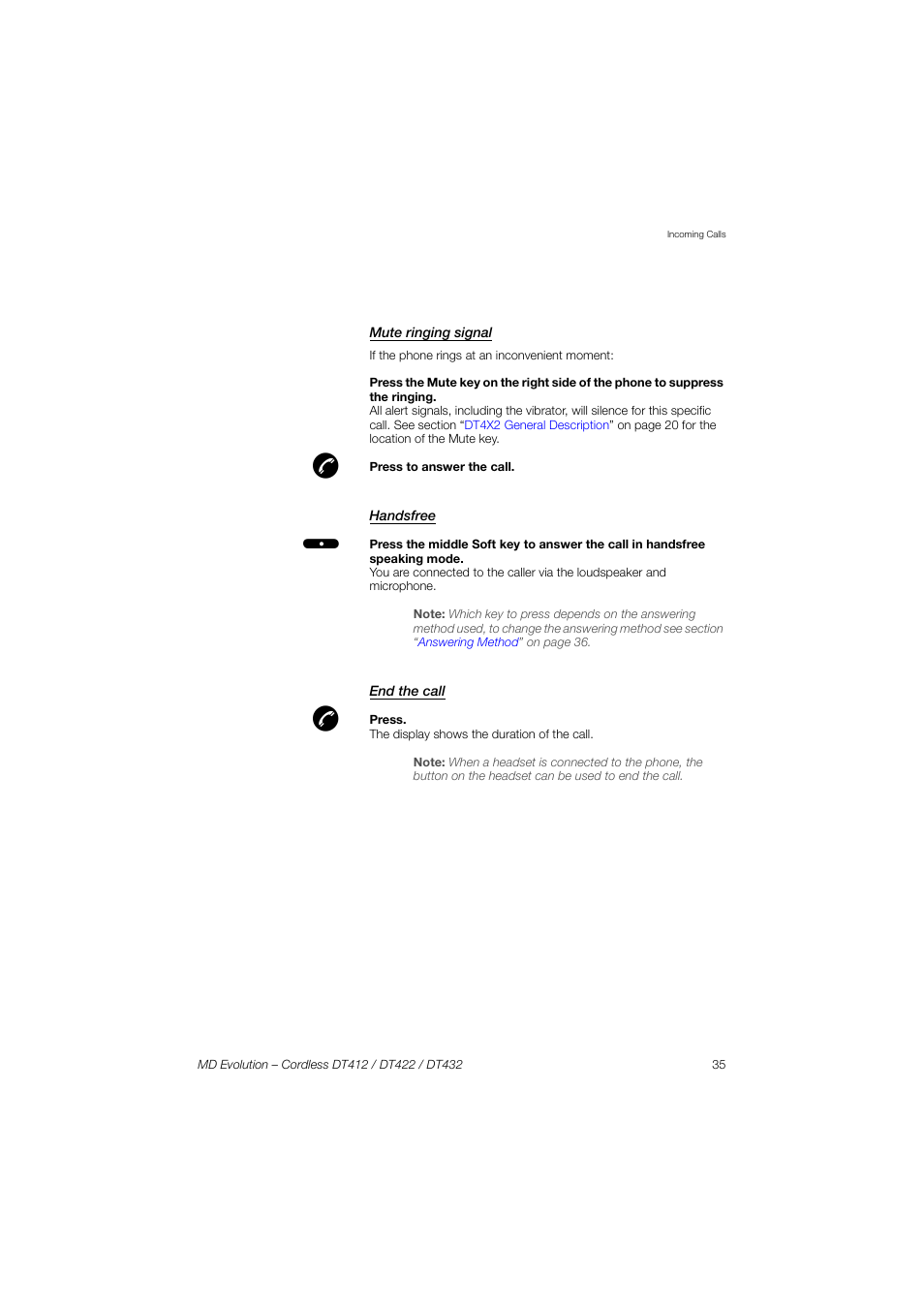 Mute ringing signal, Handsfree, End the call | AASTRA DT4x2 for MD Evolution User Guide EN User Manual | Page 35 / 166