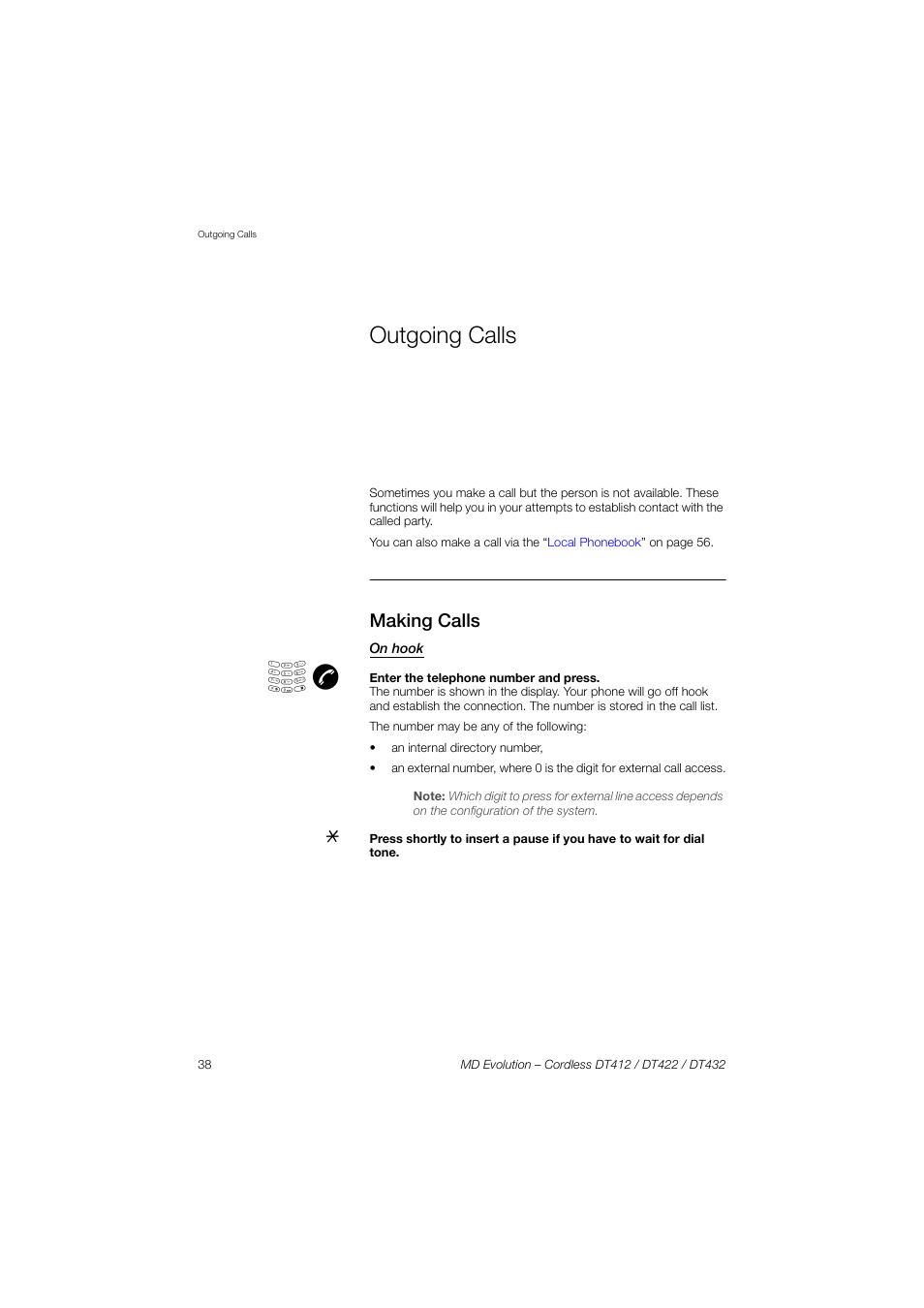 Outgoing calls, Making calls | AASTRA DT4x2 for MD Evolution User Guide EN User Manual | Page 38 / 166