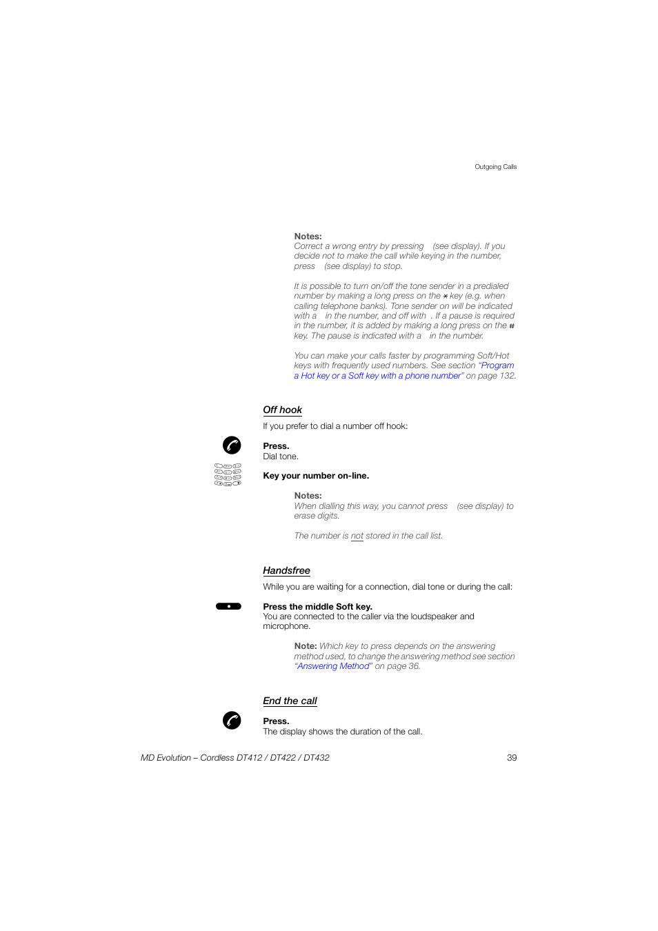 Off hook, Handsfree, End the call | AASTRA DT4x2 for MD Evolution User Guide EN User Manual | Page 39 / 166