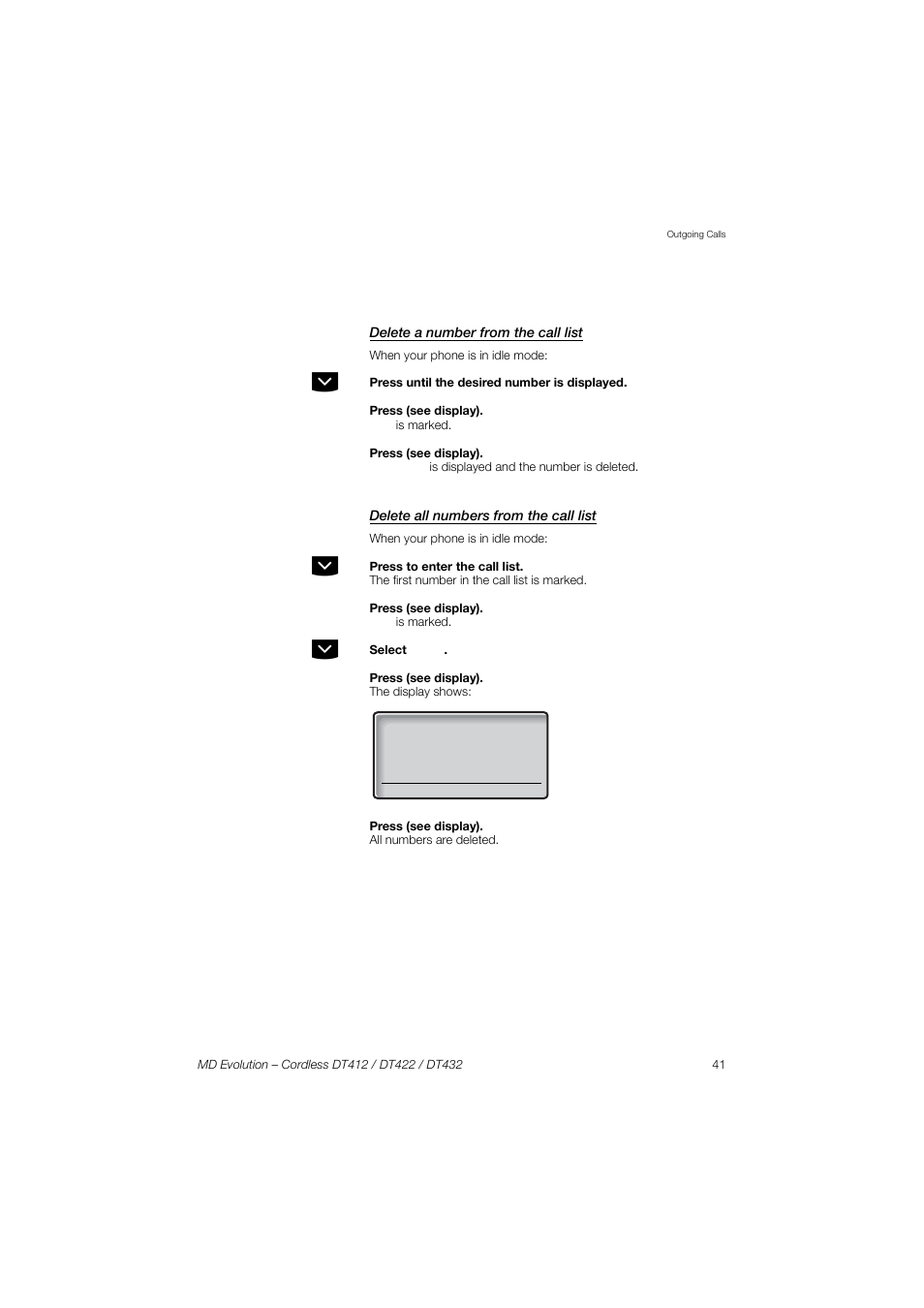 Delete a number from the call list, Delete all numbers from the call list | AASTRA DT4x2 for MD Evolution User Guide EN User Manual | Page 41 / 166