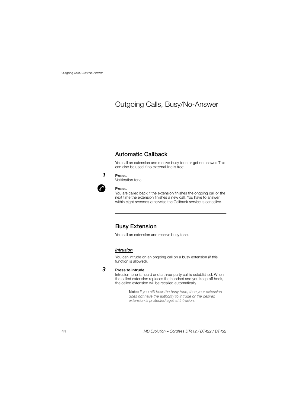 Outgoing calls, busy/no-answer, Automatic callback, Busy extension | Intrusion | AASTRA DT4x2 for MD Evolution User Guide EN User Manual | Page 44 / 166