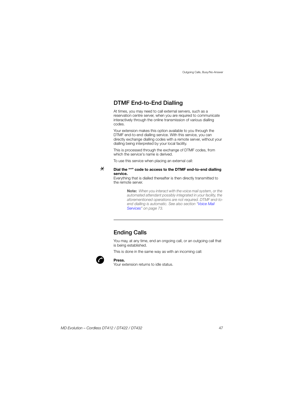 Dtmf end-to-end dialling, Ending calls | AASTRA DT4x2 for MD Evolution User Guide EN User Manual | Page 47 / 166