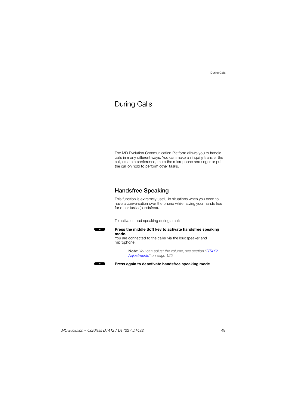 During calls, Handsfree speaking, Ction | AASTRA DT4x2 for MD Evolution User Guide EN User Manual | Page 49 / 166