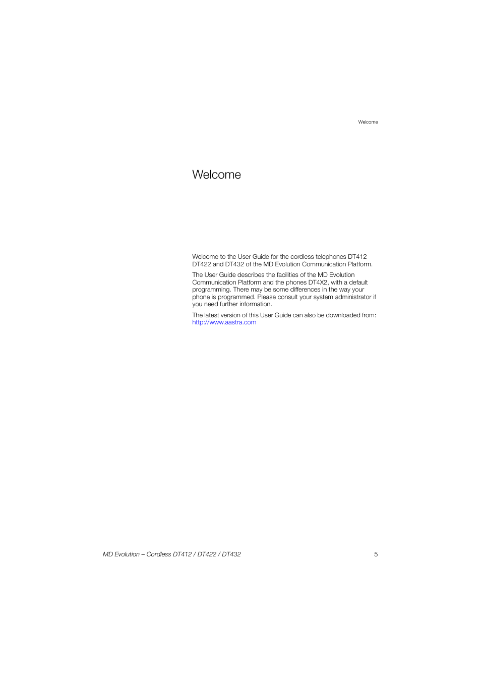 Welcome | AASTRA DT4x2 for MD Evolution User Guide EN User Manual | Page 5 / 166