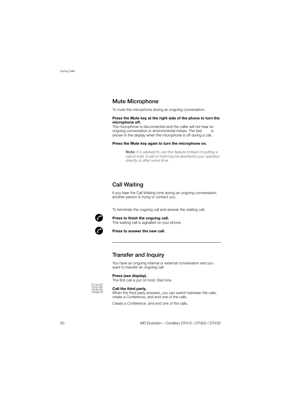 Mute microphone, Call waiting, Transfer and inquiry | AASTRA DT4x2 for MD Evolution User Guide EN User Manual | Page 50 / 166