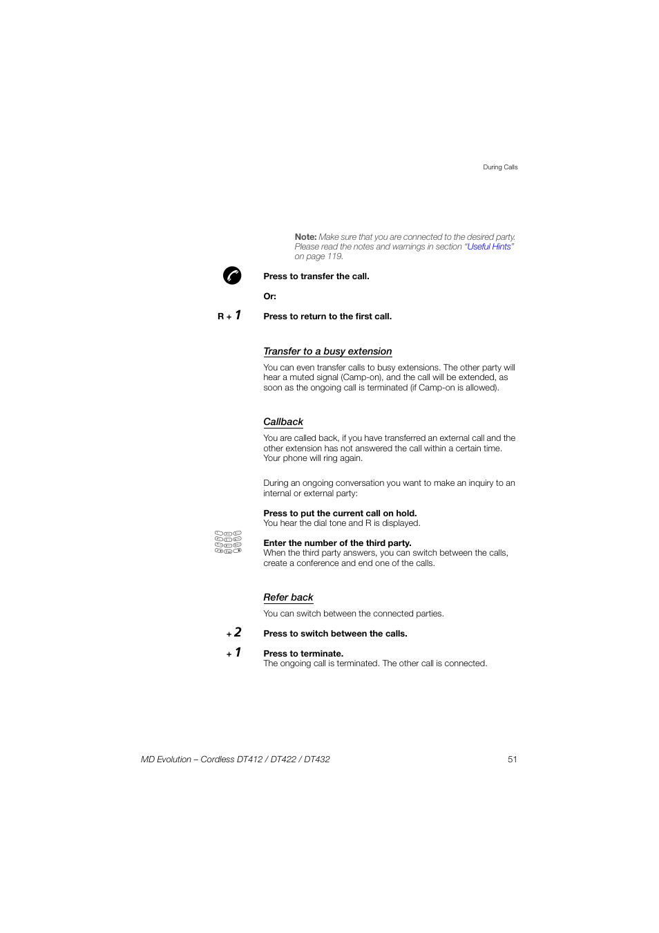 Transfer to a busy extension, Callback, Refer back | AASTRA DT4x2 for MD Evolution User Guide EN User Manual | Page 51 / 166