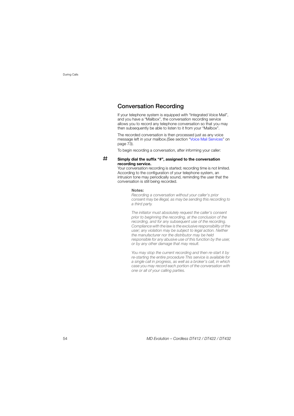 Conversation recording | AASTRA DT4x2 for MD Evolution User Guide EN User Manual | Page 54 / 166