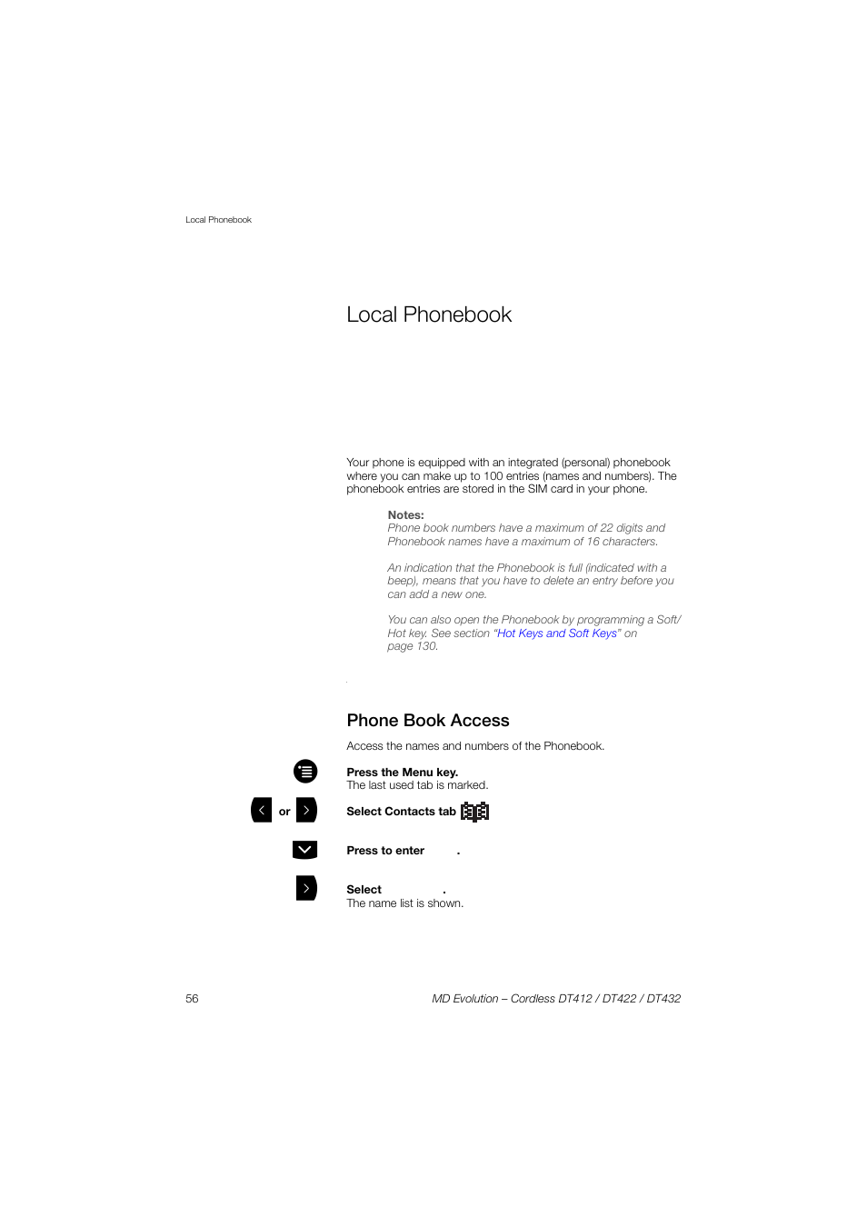 Local phonebook, Phone book access, Local | Phonebook, Ions | AASTRA DT4x2 for MD Evolution User Guide EN User Manual | Page 56 / 166