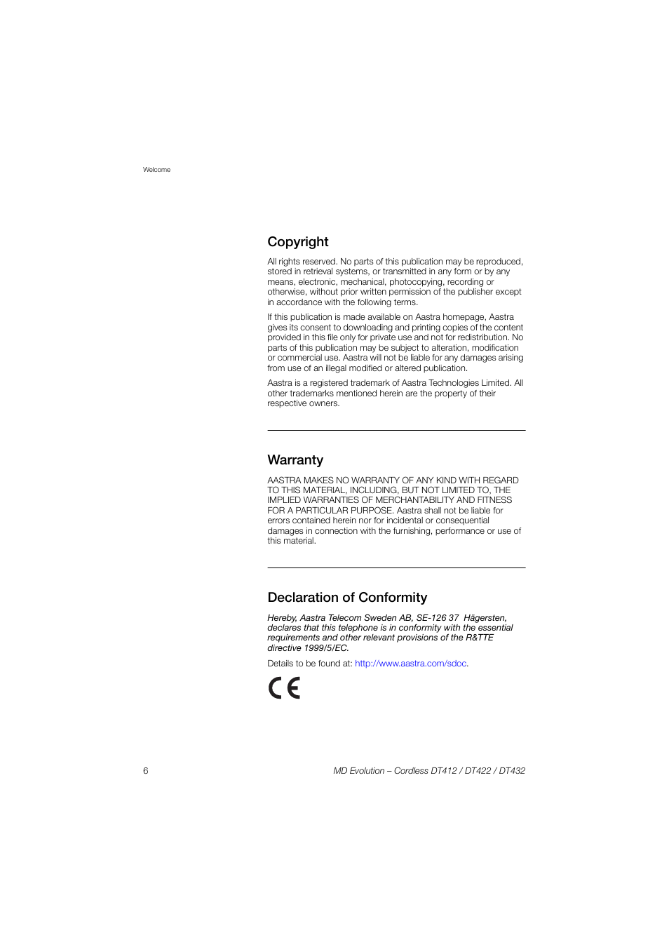 Copyright, Warranty, Declaration of conformity | AASTRA DT4x2 for MD Evolution User Guide EN User Manual | Page 6 / 166
