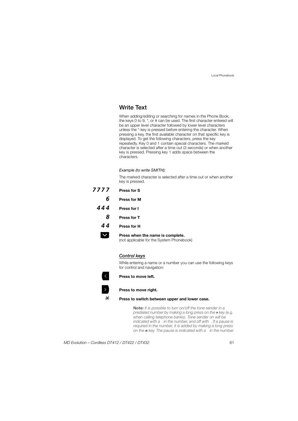 Write text, Control keys | AASTRA DT4x2 for MD Evolution User Guide EN User Manual | Page 61 / 166