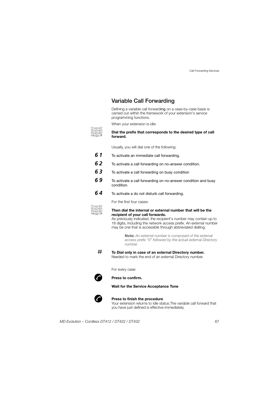 Variable call forwarding | AASTRA DT4x2 for MD Evolution User Guide EN User Manual | Page 67 / 166