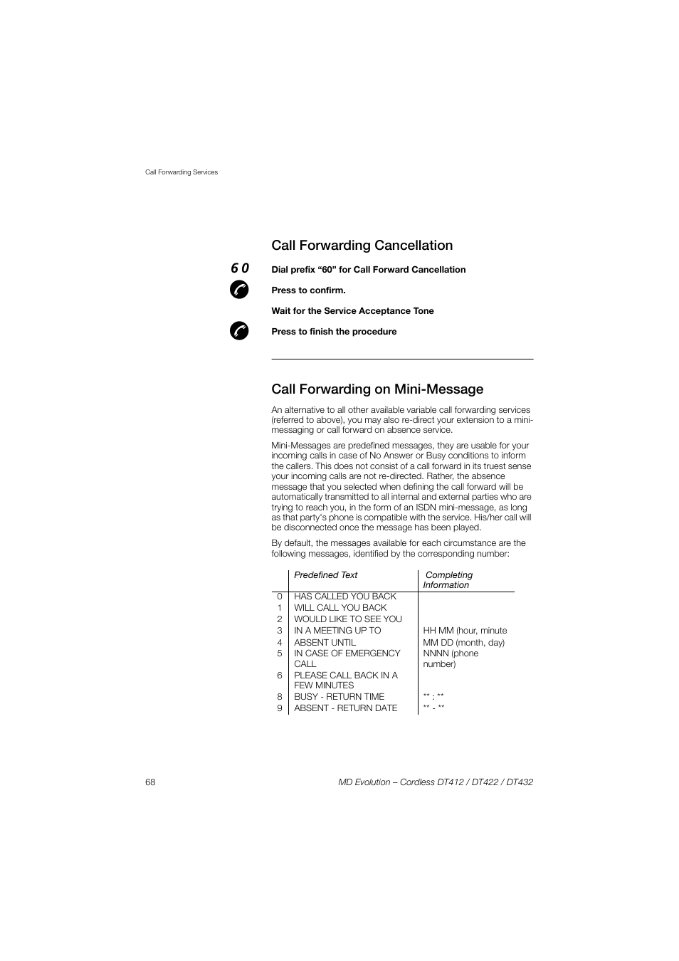 Call forwarding cancellation, Call forwarding on mini-message | AASTRA DT4x2 for MD Evolution User Guide EN User Manual | Page 68 / 166