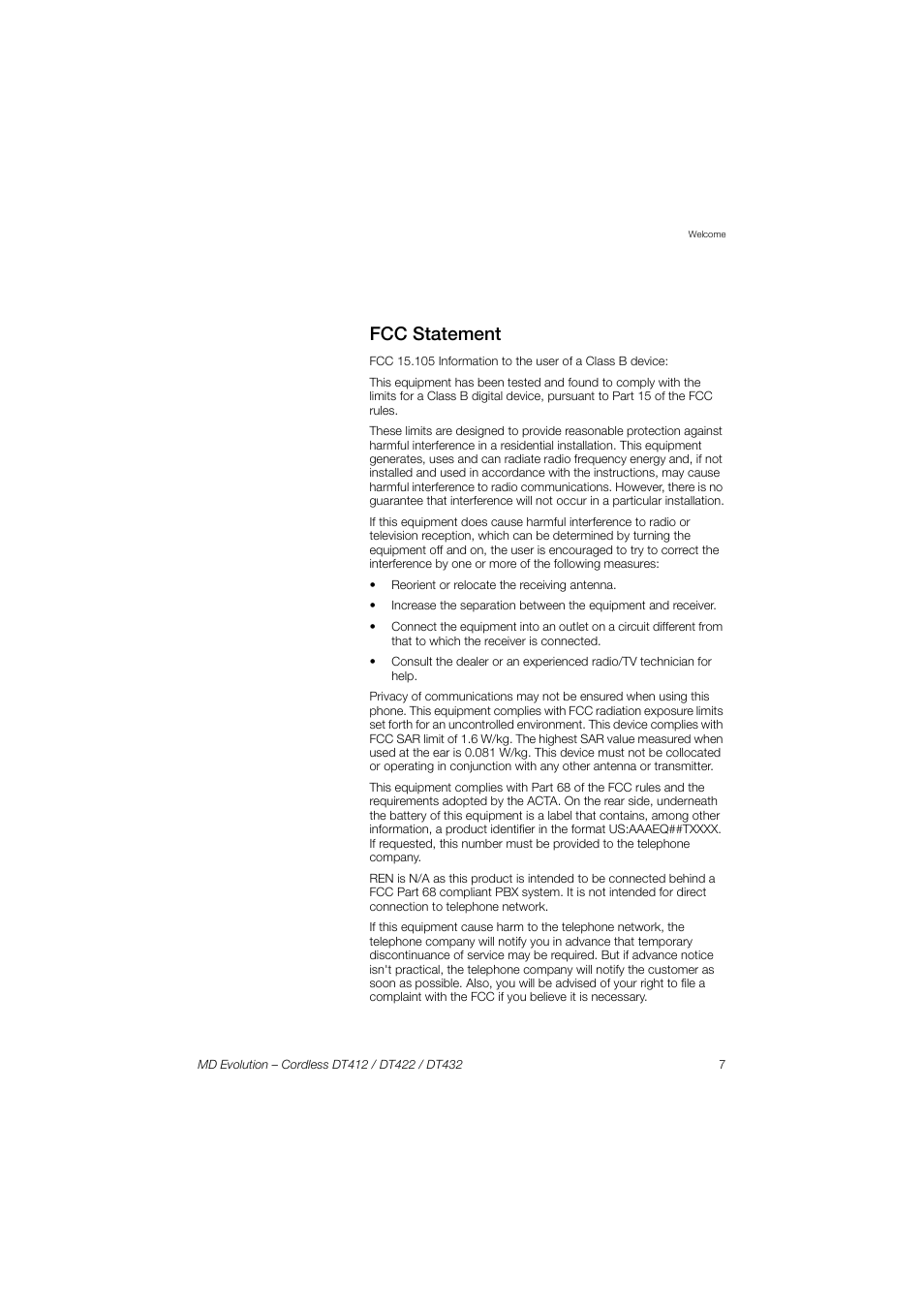 Fcc statement | AASTRA DT4x2 for MD Evolution User Guide EN User Manual | Page 7 / 166