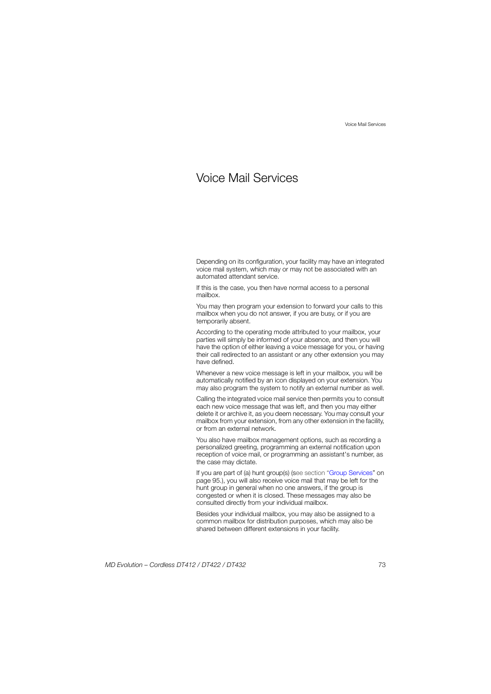 Voice mail services, Section, Voice mail | Services | AASTRA DT4x2 for MD Evolution User Guide EN User Manual | Page 73 / 166