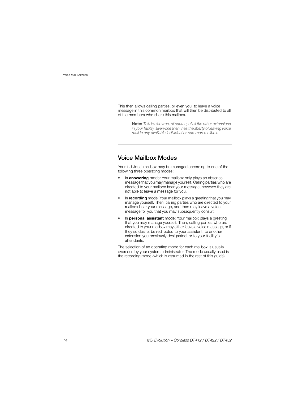 Voice mailbox modes | AASTRA DT4x2 for MD Evolution User Guide EN User Manual | Page 74 / 166