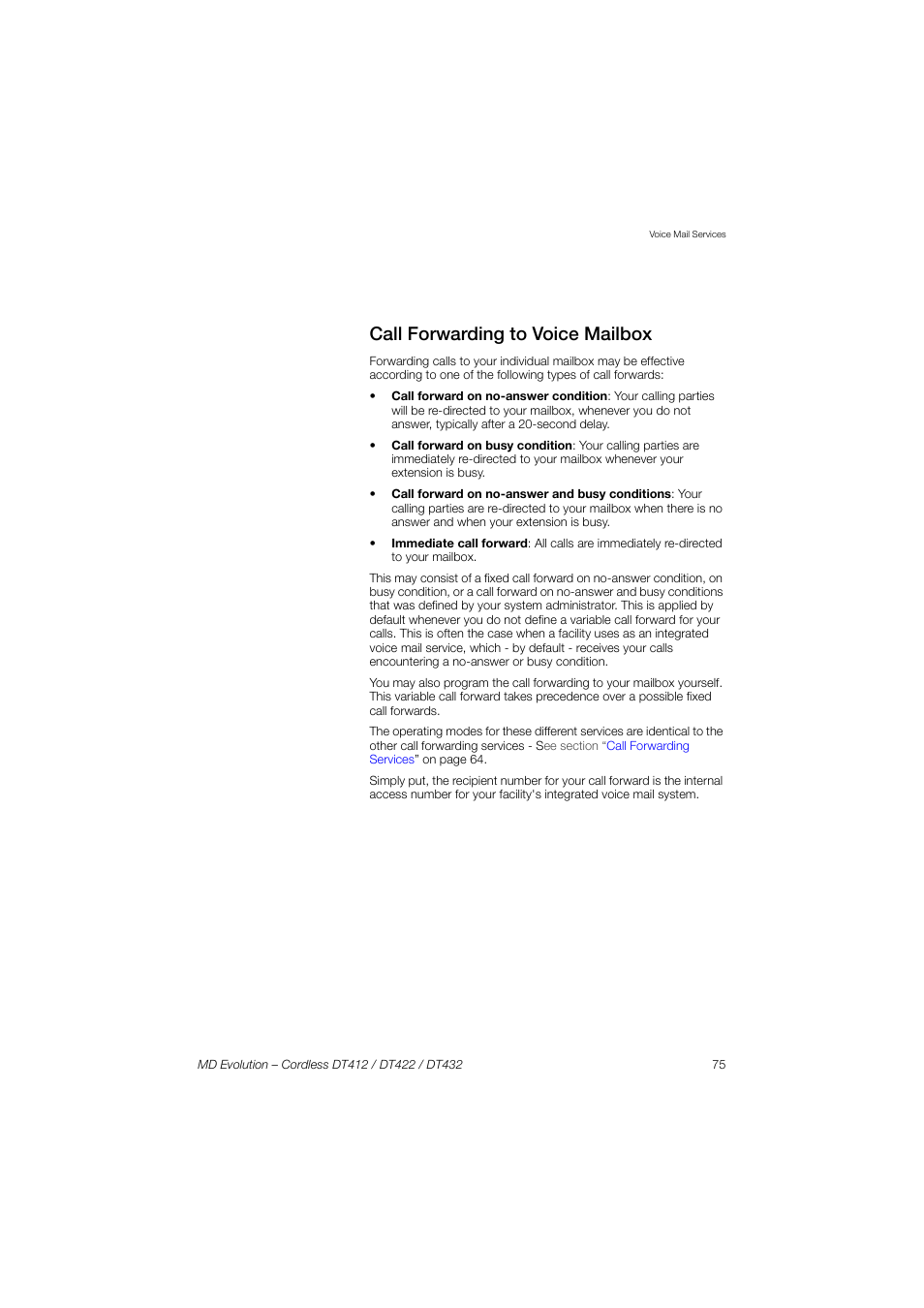 Call forwarding to voice mailbox | AASTRA DT4x2 for MD Evolution User Guide EN User Manual | Page 75 / 166