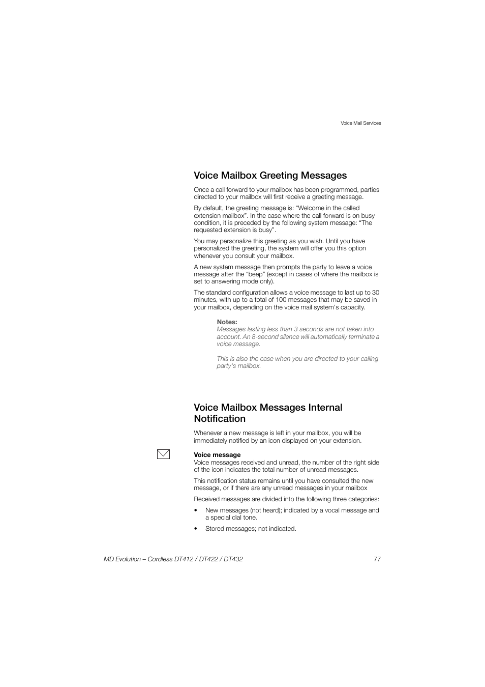 Voice mailbox greeting messages, Voice mailbox messages internal notification | AASTRA DT4x2 for MD Evolution User Guide EN User Manual | Page 77 / 166