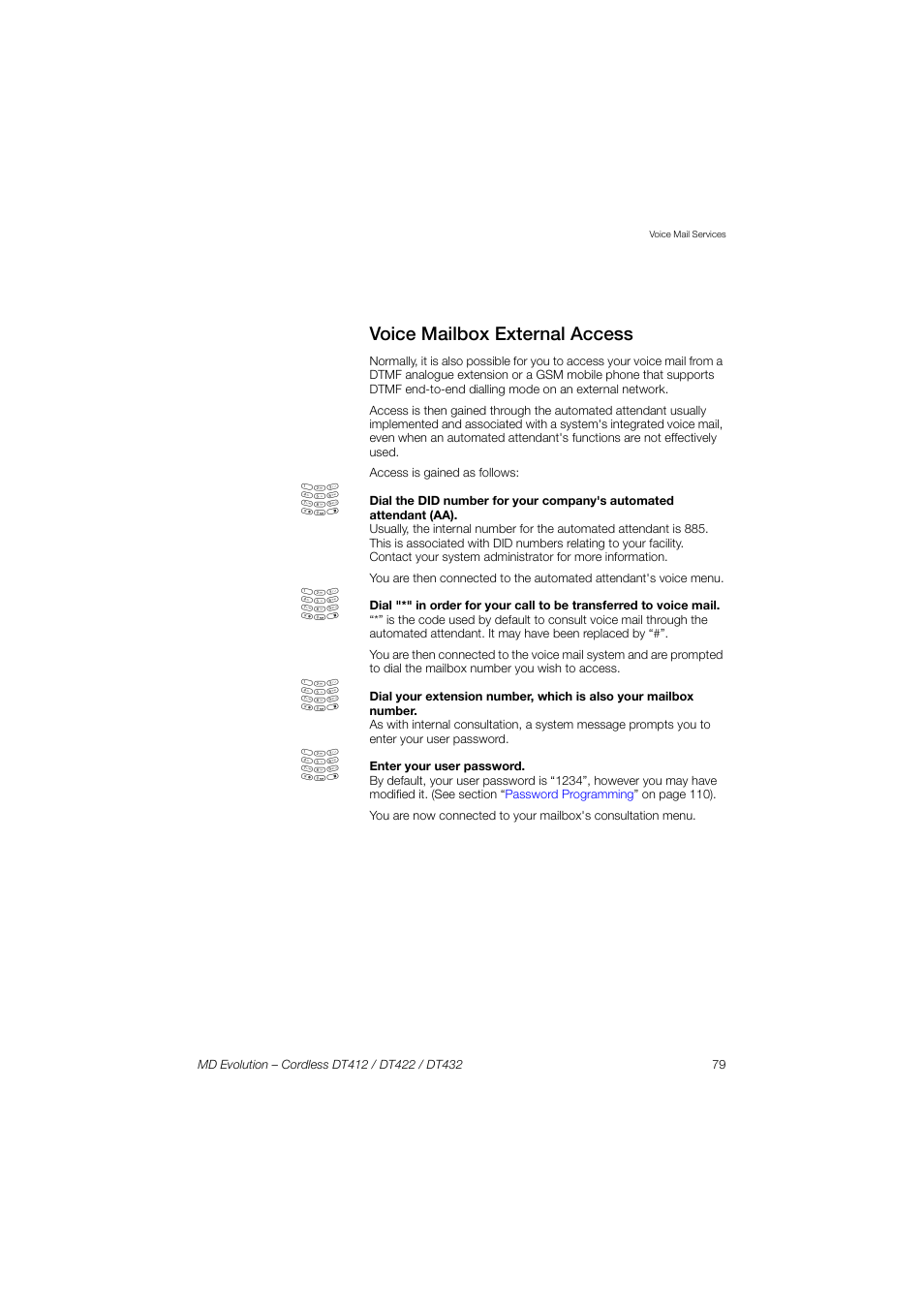 Voice mailbox external access | AASTRA DT4x2 for MD Evolution User Guide EN User Manual | Page 79 / 166