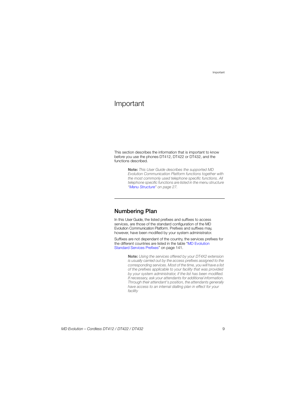 Important, Numbering plan | AASTRA DT4x2 for MD Evolution User Guide EN User Manual | Page 9 / 166
