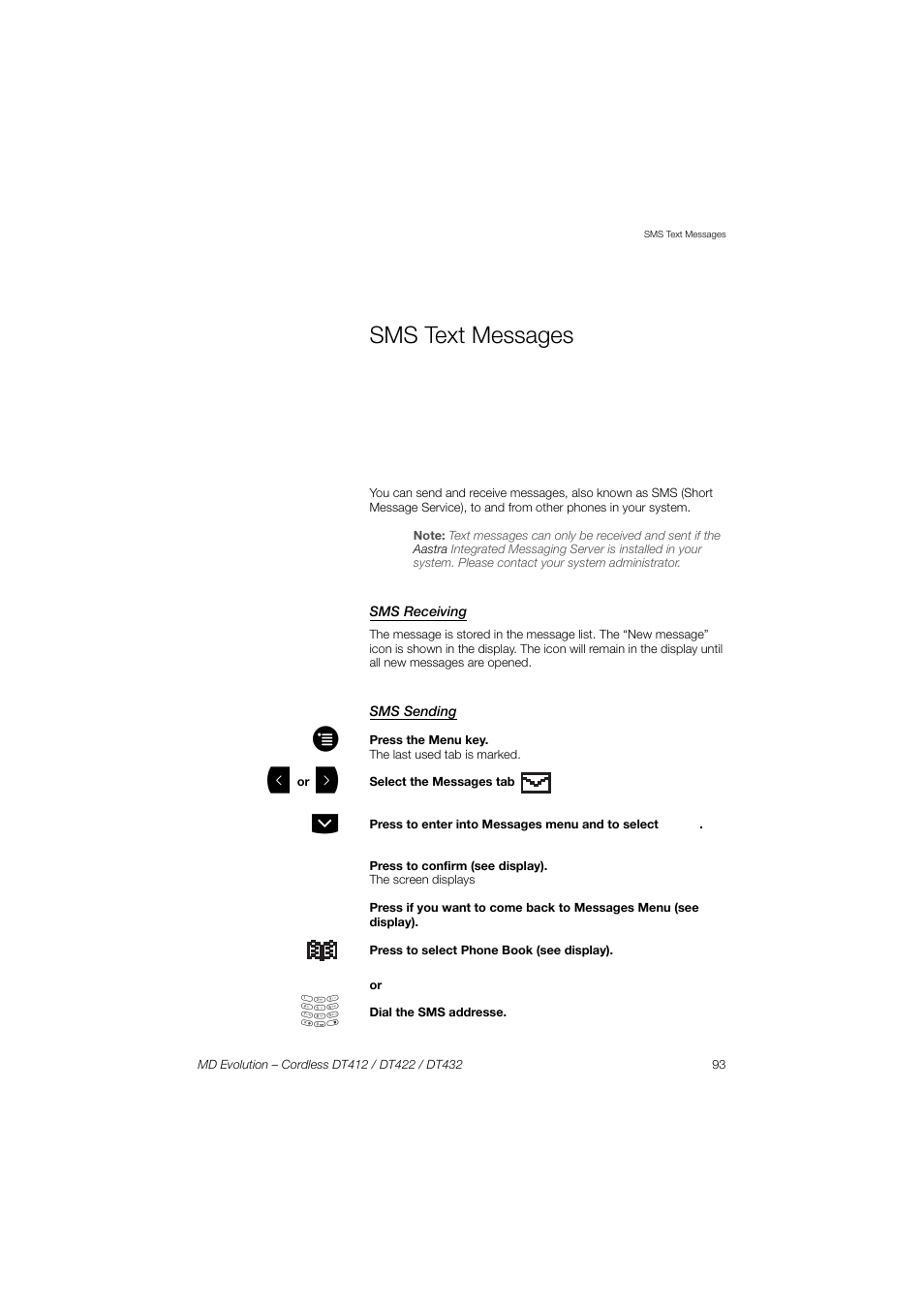 Sms text messages, Sms receiving, Sms sending | AASTRA DT4x2 for MD Evolution User Guide EN User Manual | Page 93 / 166