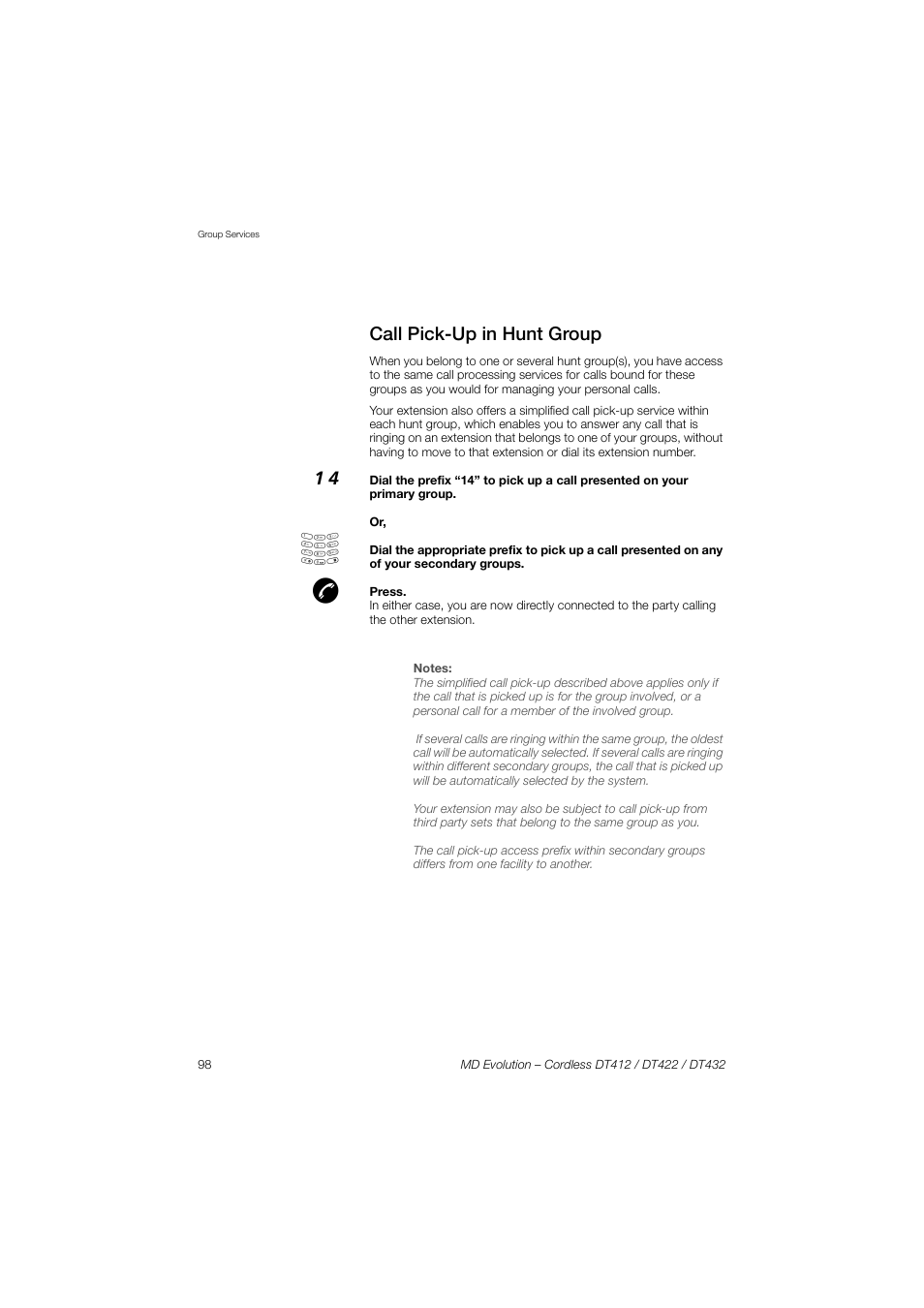Call pick-up in hunt group | AASTRA DT4x2 for MD Evolution User Guide EN User Manual | Page 98 / 166