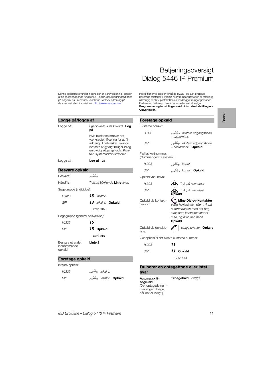 Dansk, Betjeningsoversigt dialog 5446 ip premium | AASTRA 7446ip (5446ip) for MD Evolution Quick Reference Guide User Manual | Page 11 / 44