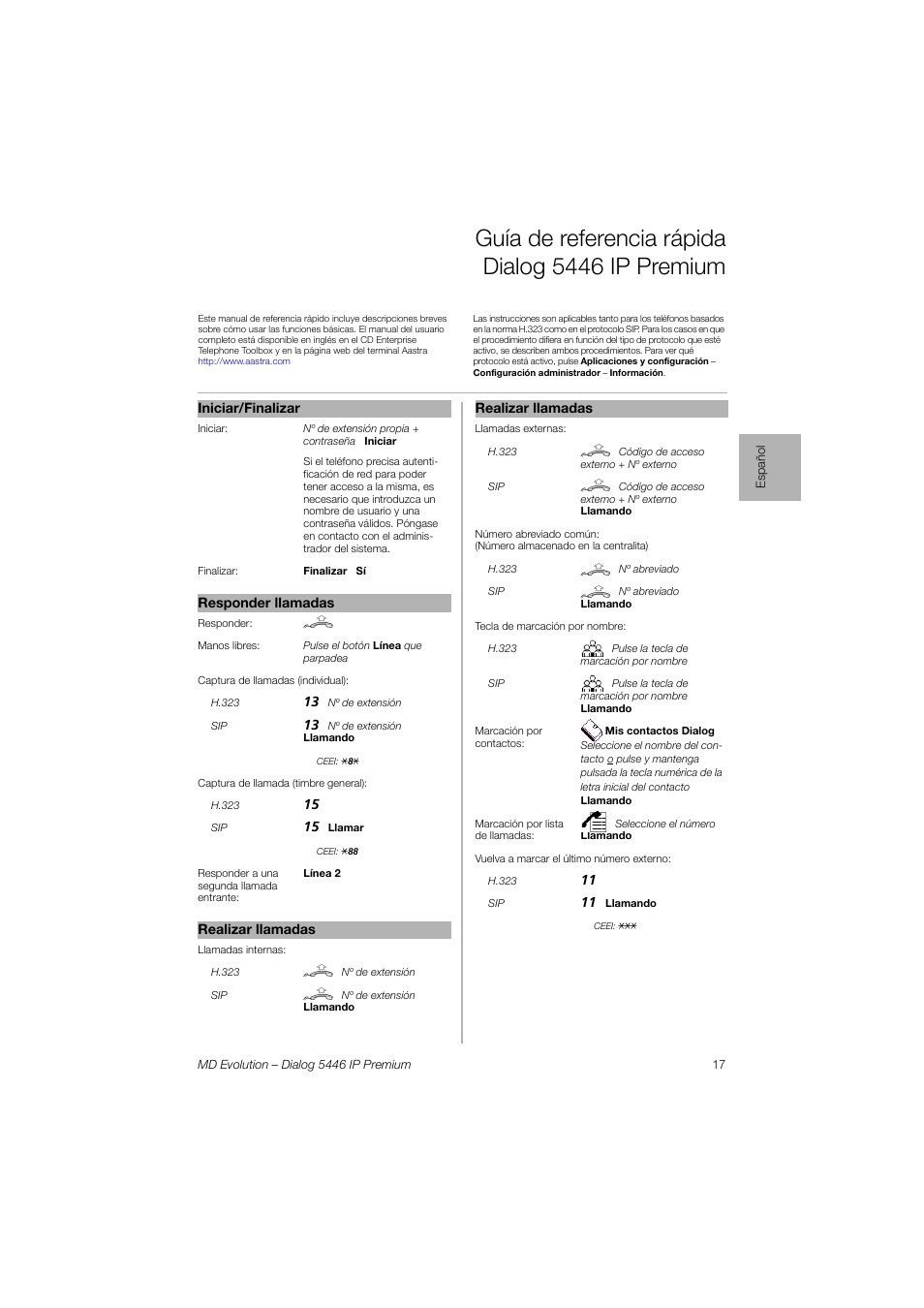 Español, Guía de referencia rápida dialog 5446 ip premium | AASTRA 7446ip (5446ip) for MD Evolution Quick Reference Guide User Manual | Page 17 / 44