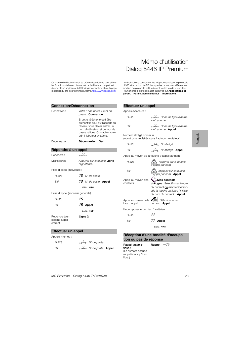 Français, Mémo d'utilisation dialog 5446 ip premium | AASTRA 7446ip (5446ip) for MD Evolution Quick Reference Guide User Manual | Page 23 / 44