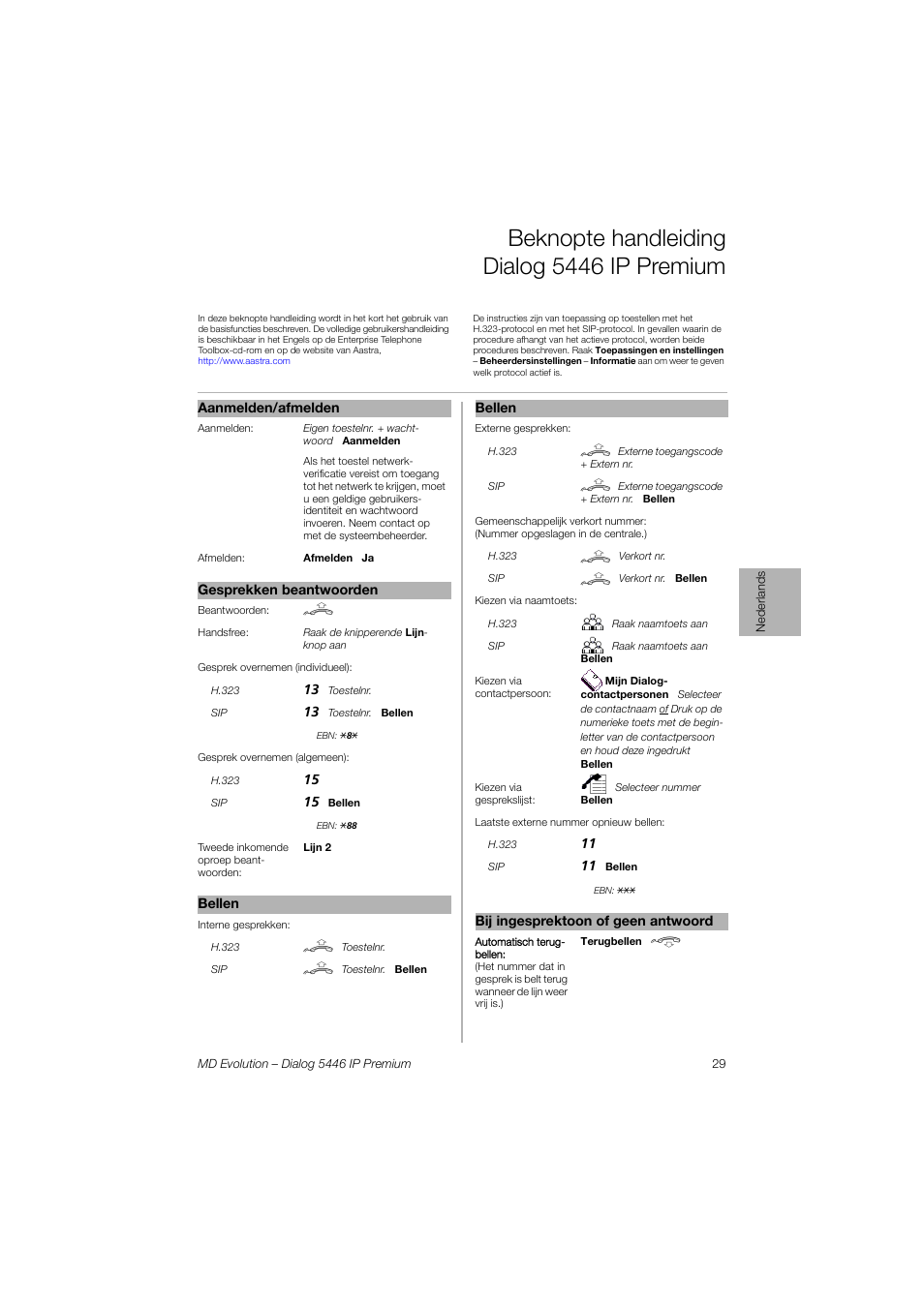 Nederlands, Beknopte handleiding dialog 5446 ip premium | AASTRA 7446ip (5446ip) for MD Evolution Quick Reference Guide User Manual | Page 29 / 44