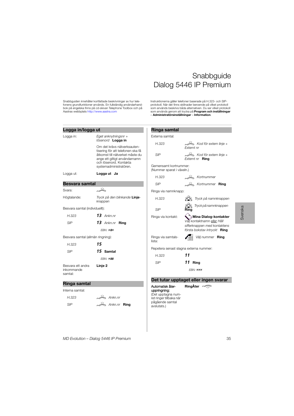Svenska, Snabbguide dialog 5446 ip premium | AASTRA 7446ip (5446ip) for MD Evolution Quick Reference Guide User Manual | Page 35 / 44