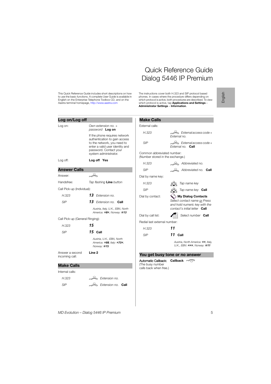 English, Quick reference guide dialog 5446 ip premium | AASTRA 7446ip (5446ip) for MD Evolution Quick Reference Guide User Manual | Page 5 / 44