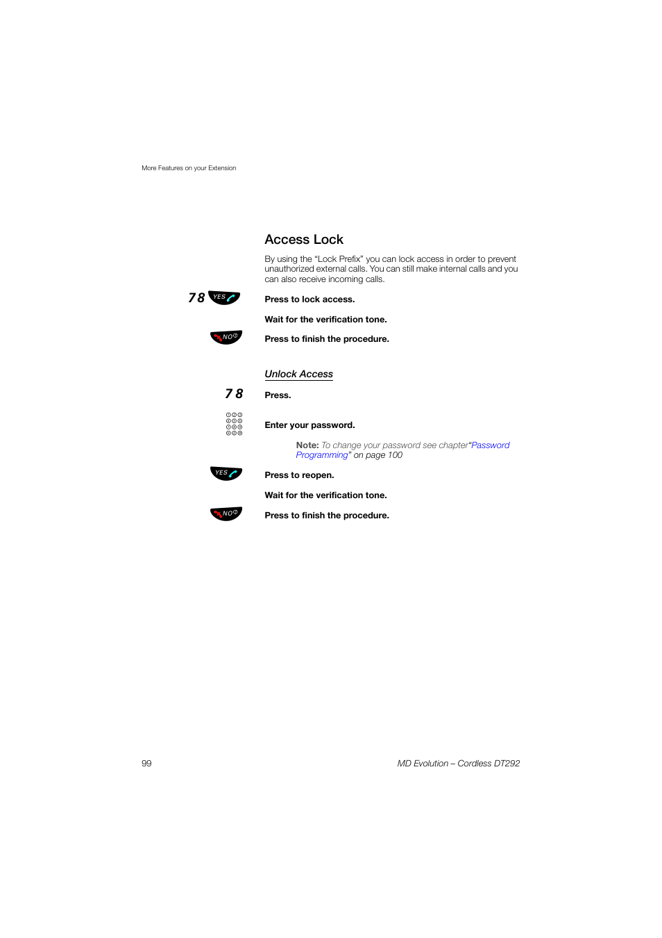 Access lock, Unlock access, 78 ь ы | AASTRA DT292 for MD Evolution User Guide EN User Manual | Page 100 / 148
