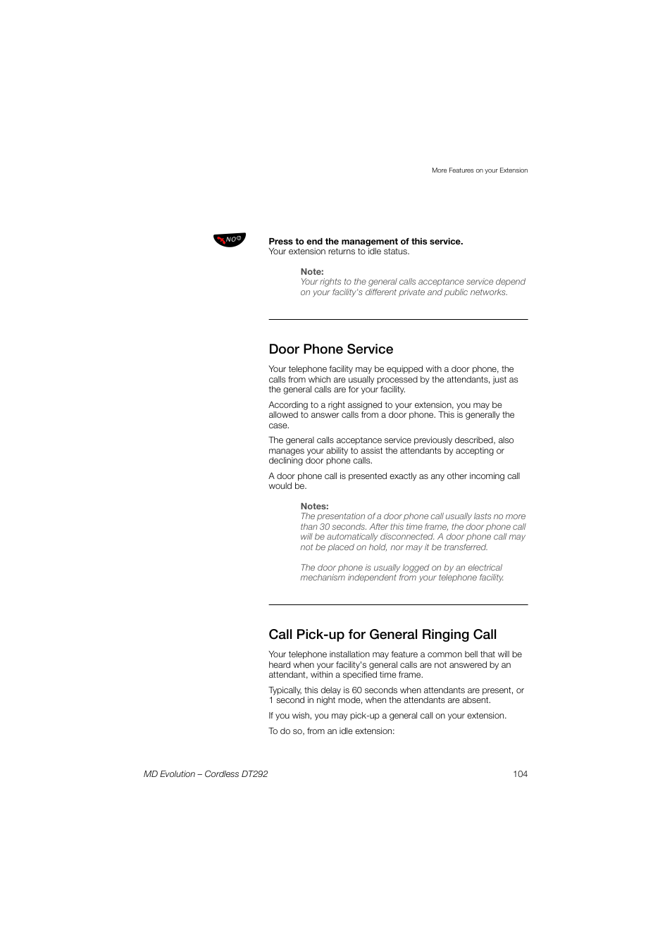 Door phone service, Call pick-up for general ringing call | AASTRA DT292 for MD Evolution User Guide EN User Manual | Page 105 / 148