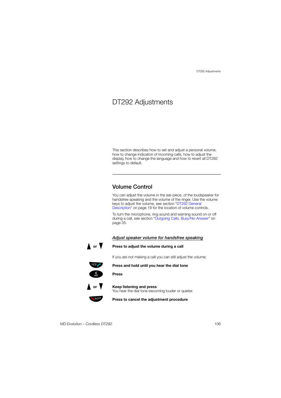 Dt292 adjustments, Volume control, Adjust speaker volume for handsfree speaking | Section, Dt292, Adjustments | AASTRA DT292 for MD Evolution User Guide EN User Manual | Page 107 / 148