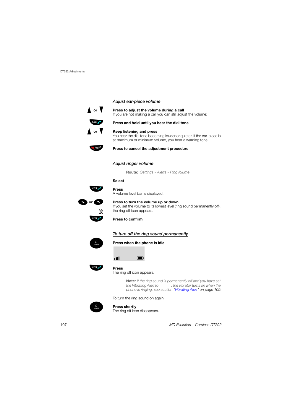 Adjust ear-piece volume, Adjust ringer volume, To turn off the ring sound permanently | AASTRA DT292 for MD Evolution User Guide EN User Manual | Page 108 / 148